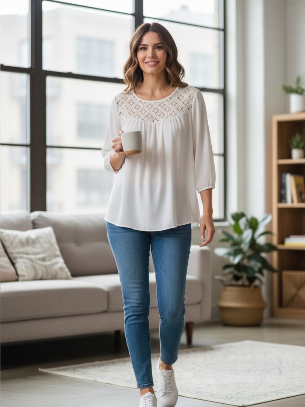 Moa Moa Cream-White beautiful Blouse with Lace yoke